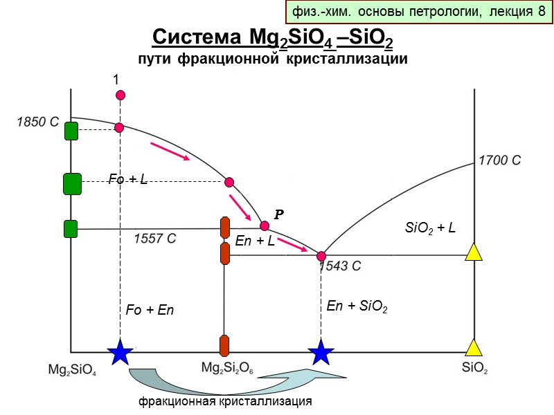 физ.-хим. основы петрологии, лекция 8 Система Mg2SiO4 –SiO2 пути фракционной кристаллизации Fo + L